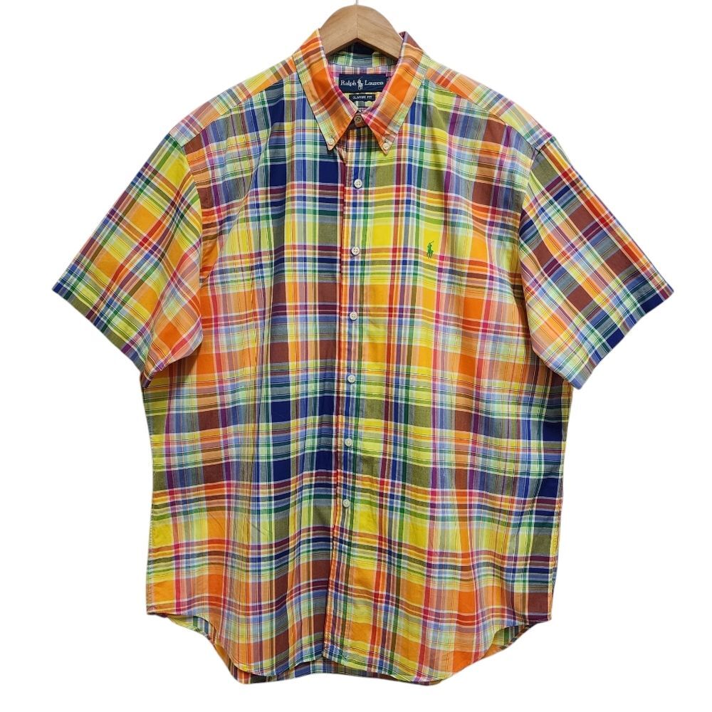 Ralph Lauren Oxford Shirt Men XL Multicolor Plaid Cotton Classic Short Slv Pony